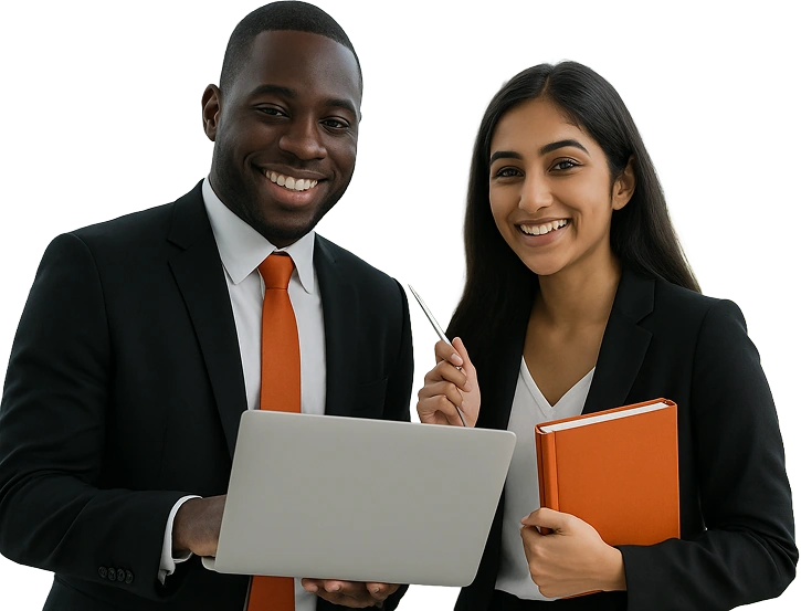 Two business professionals smiling while collaborating on financial services exam preparation with a laptop and study materials.