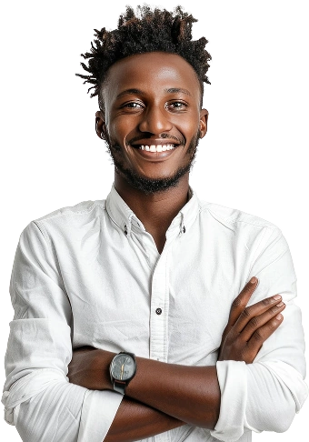 Confident young professional smiling in a white shirt, representing career growth and exam success.